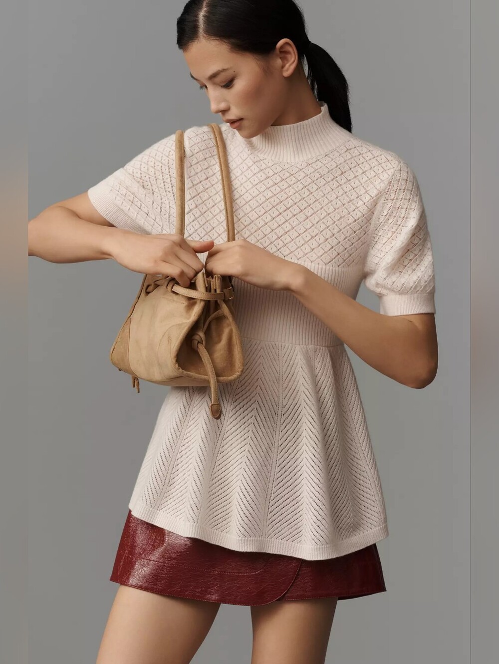 Anthropologie Cream Short-Sleeve Knit Mock Turtleneck